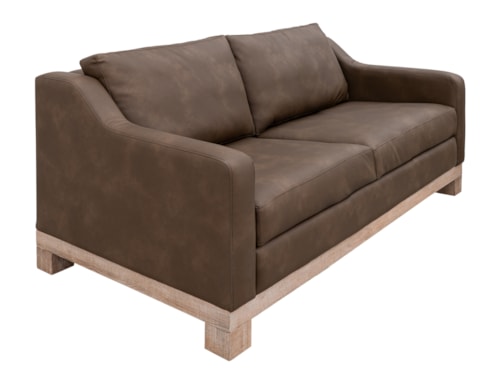 Contemporary Loveseat with Bench Cushion and Exposed Wooden Base