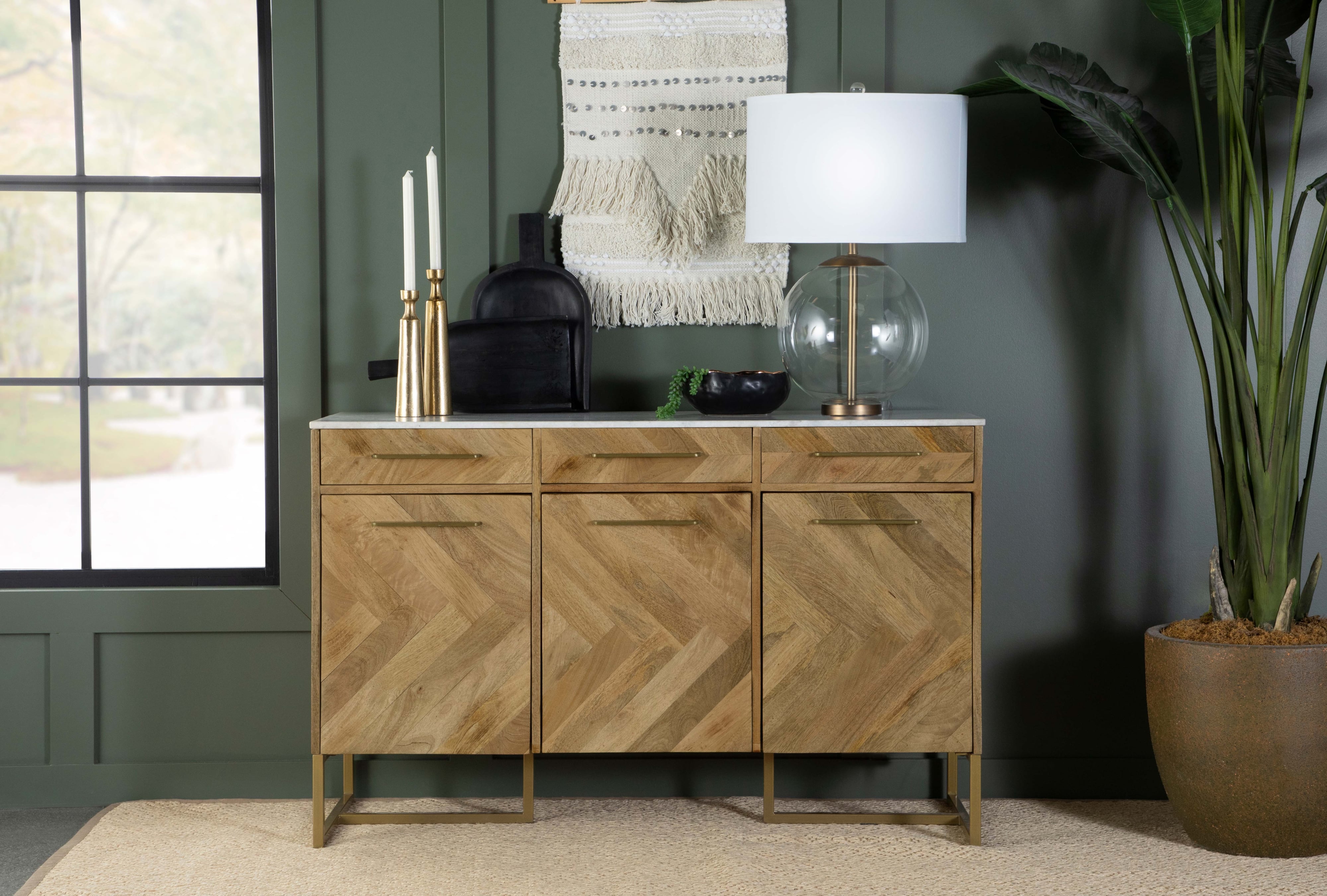 3-door Marble Top Herringbone Accent Cabinet