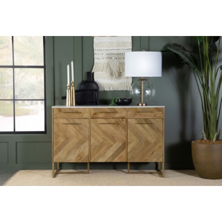 3-door Marble Top Herringbone Accent Cabinet