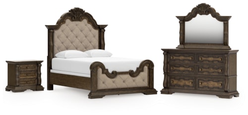 Queen Upholstered Panel Bed, Dresser, Mirror And Nightstand