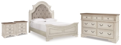 Queen Upholstered Panel Bed, Dresser And 2 Nightstands