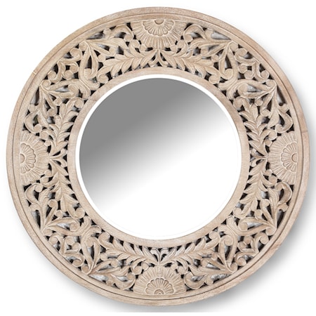 Boho Solid Wood Wall Mirror with Hand-Carved Botanical Motif