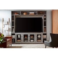 Transitional Entertainment Console and Hutch with Open Shelving and Glass Doors