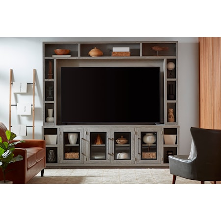 Transitional Entertainment Console and Hutch with Open Shelving and Glass Doors