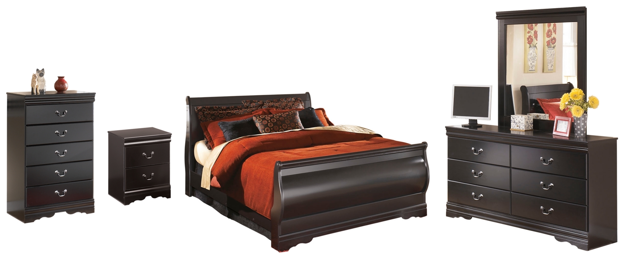 Queen Sleigh Bed With Dresser, Mirror, Chest And Nightstand