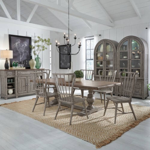 Farmhouse 7-Piece Trestle Table Dining Set with Windsor Back Chairs