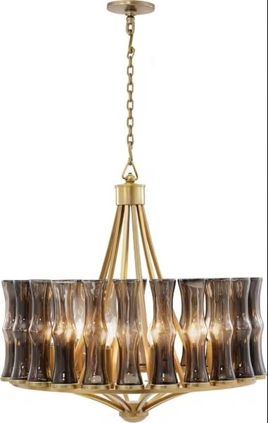 Contemporary 12-Light Brass Chandelier with Smoked Glass Shade
