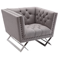 Contemporary Grey Tweed Tufted Chair with Nailheads and Stainless Steel Legs