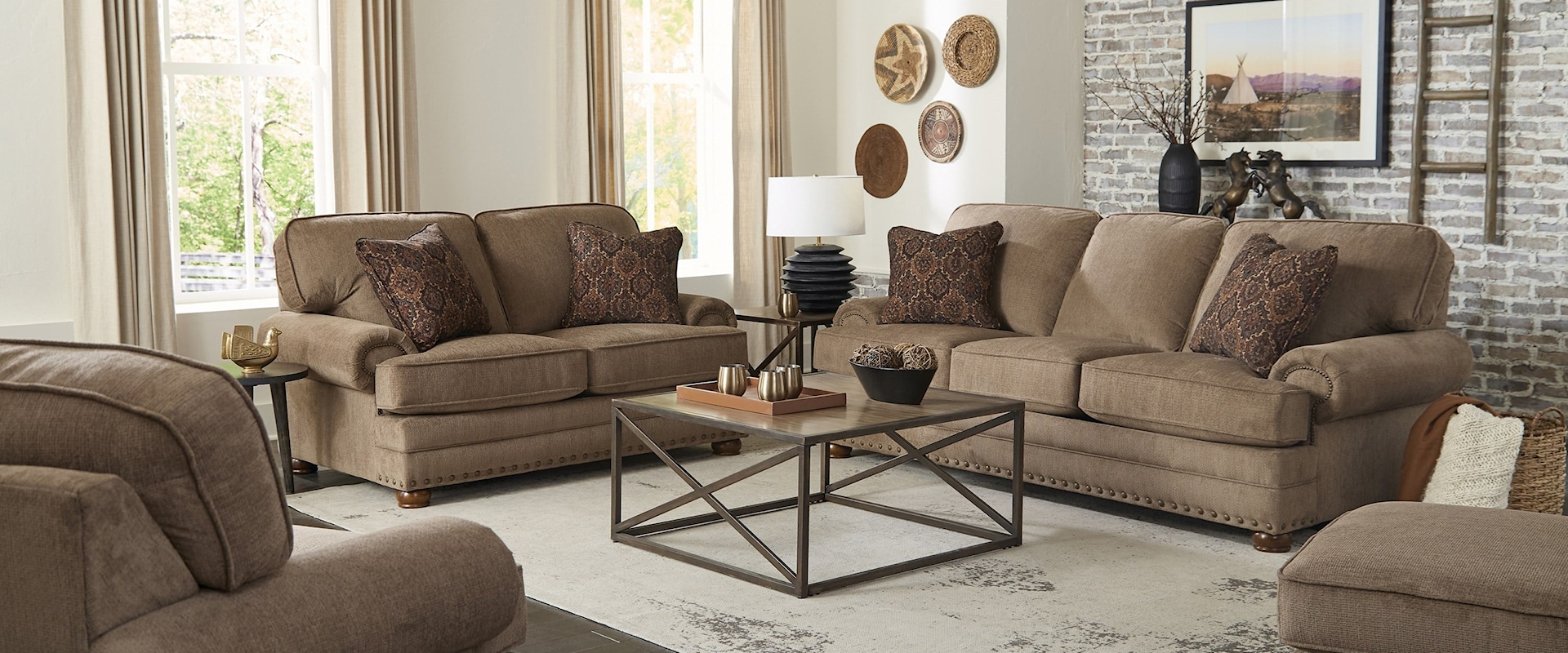 Traditional 4-Piece Living Room Set with Rolled Arms and Nailhead Trimming