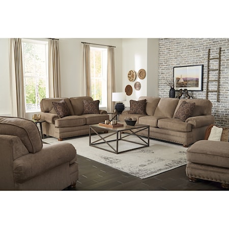 Traditional 4-Piece Queen Sleeper Sofa Living Room Set with Rolled Arms and Nailhead Trimming