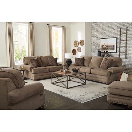 Traditional 4-Piece Living Room Set with Rolled Arms and Nailhead Trimming