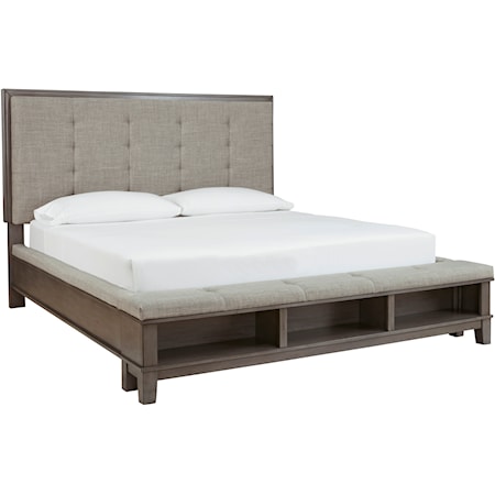 California King Upholstered Panel Bed with Storage