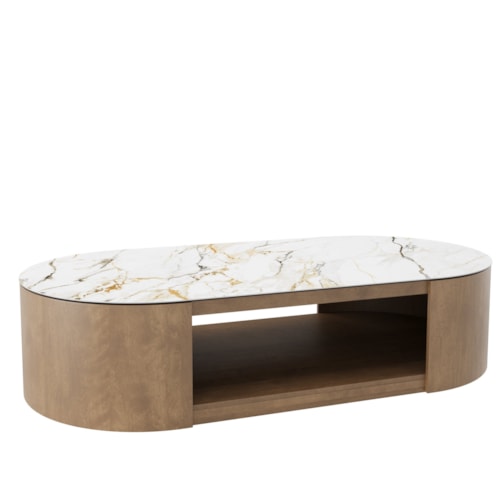 Contemporary Porcelain-Top Oval Block-Base Coffee Table with Open Shelf