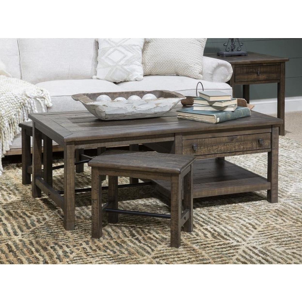 Magnussen Home Smithton Occasional Tables Rectangular Cocktail Table with Stools 