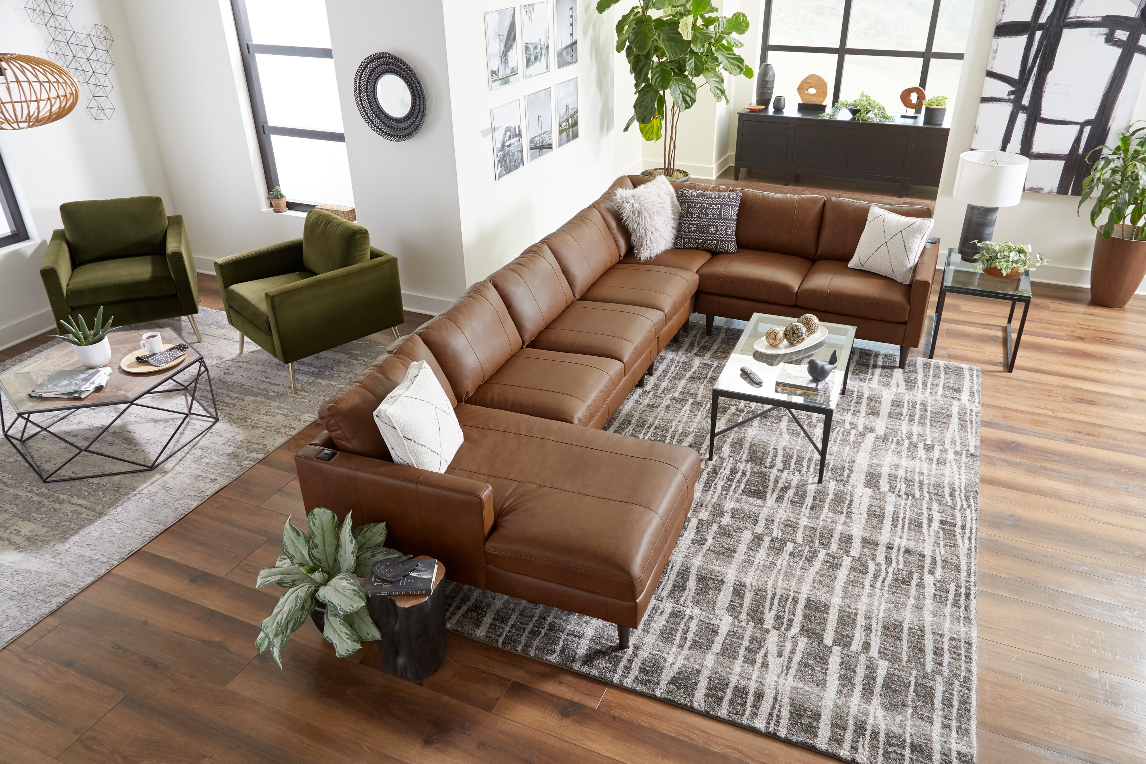 Leather Sectional Sofa w/ Chaise &amp; Wood Feet