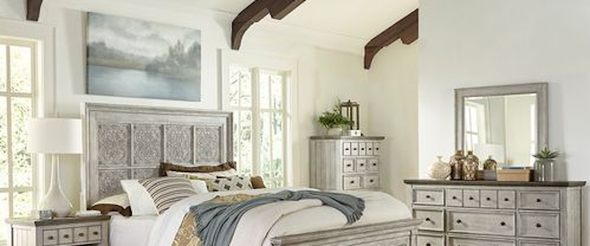 Farmhouse 5-Piece Decorative King Panel Bedroom Group with Charging Station