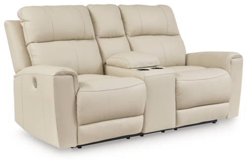 Leather Match Power Reclining Loveseat with Console