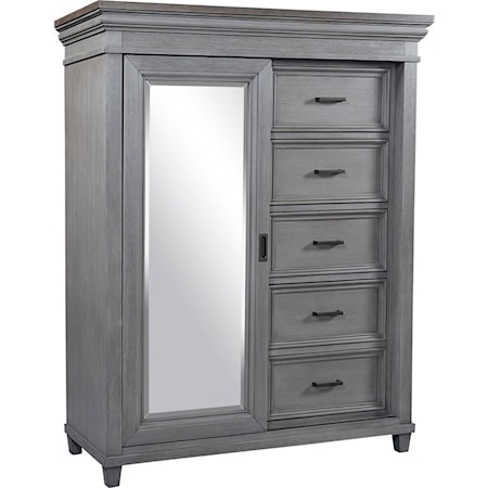 Farmhouse 5-Drawer Bedroom Chest with Sliding Door and Felt Lined Top Drawers
