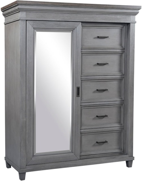 Farmhouse Sliding Door 5-Drawer Chest with Interior Shelving and Felt-Lined Top Drawer