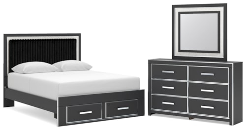 Queen Upholstered Panel Platform Storage Bed, Dresser And Mirror