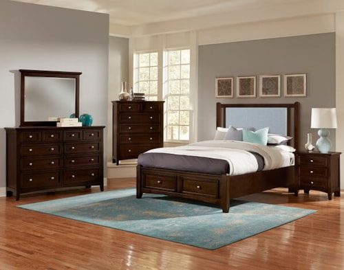 Transitional 5-Piece Blue Upholstered Queen Bedroom Set with Footboard Storage