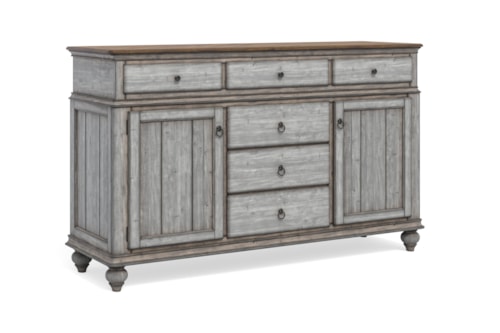Relaxed Vintage Dining Buffet with Felt-Lined Drawers and Removable Wine Rack