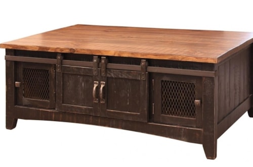 Rustic Cocktail Table with Mesh Panel Accents and Sliding Doors