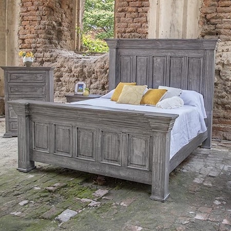 Oversized Queen Panel Bed with Distressed Finish