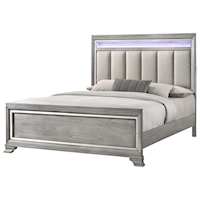 Glam Upholstered Queen Bed with Mirrored Accents
