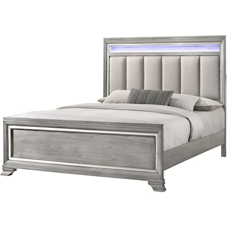 Glam Upholstered California King Bed with Mirrored Accents