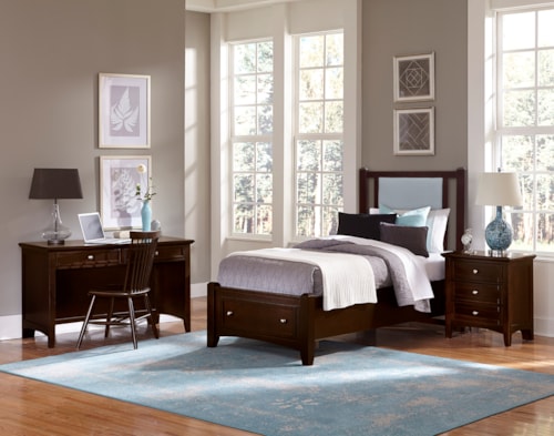 Transitional 4-Piece Blue Upholstered Twin Bedroom Set with Footboard Storage