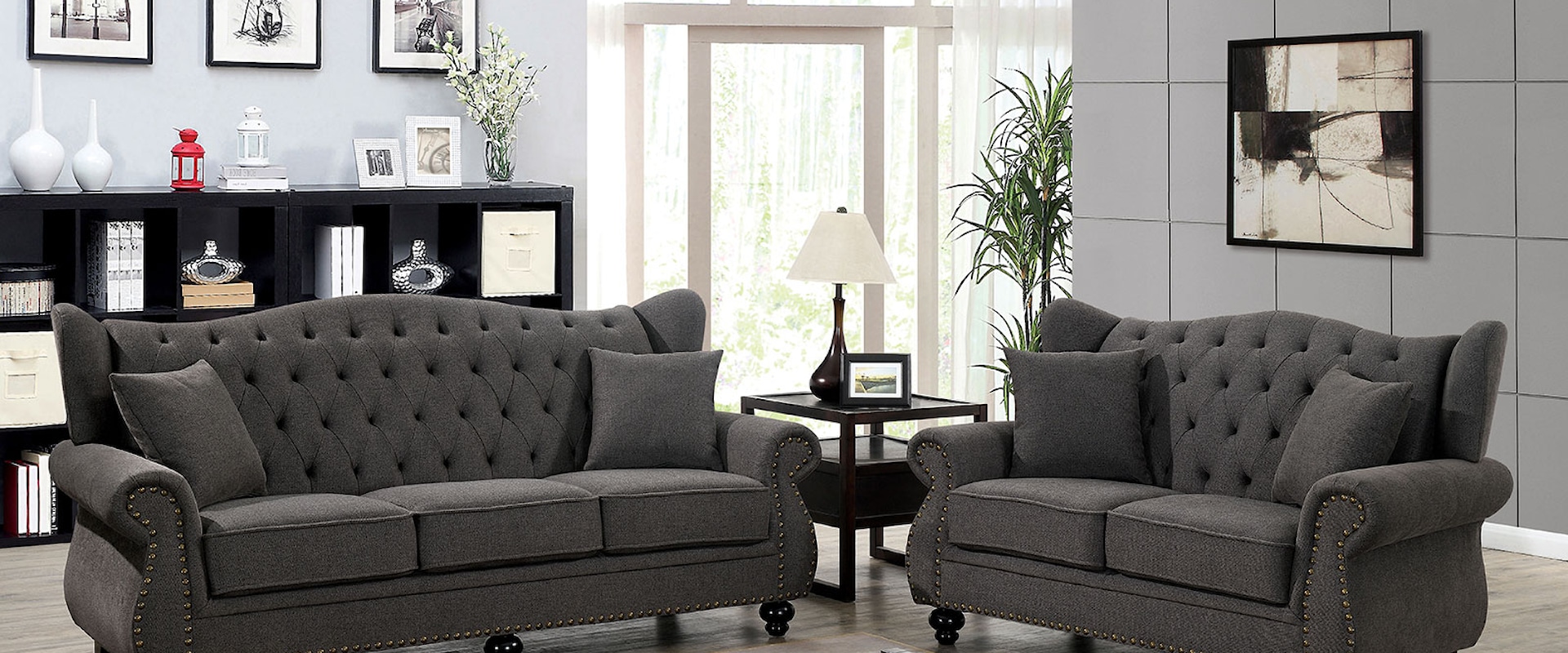 Transitional Sofa and Loveseat Set with Nailhead Trim 
