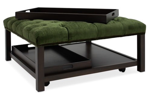 Transitional Square Tufted Cocktail Ottoman with Casters and Two Trays