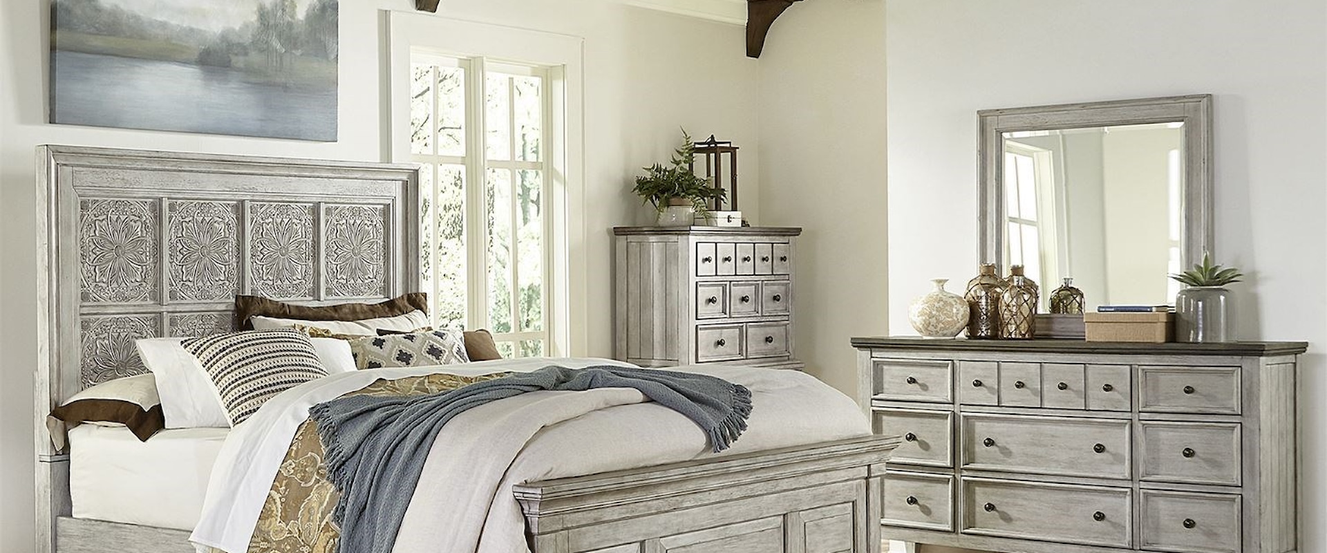 Farmhouse 4-Piece Decorative Queen Panel Bedroom Group with Bedroom Chest