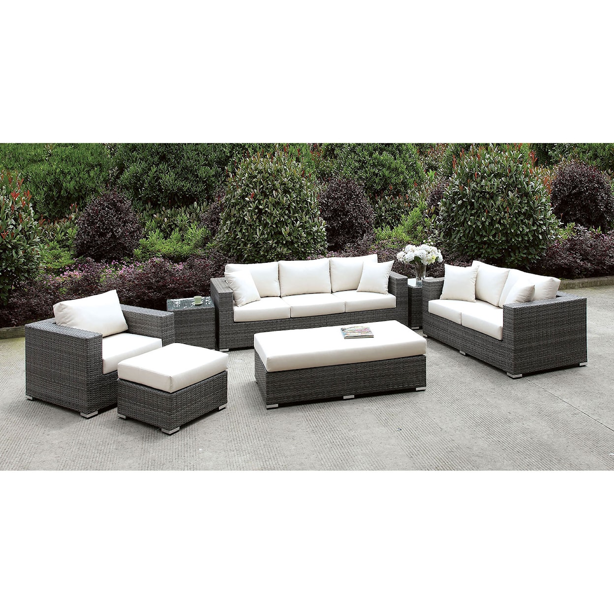 Furniture of America Somani 3 Pc Set + 2 End Tables + Ottoman + Bench