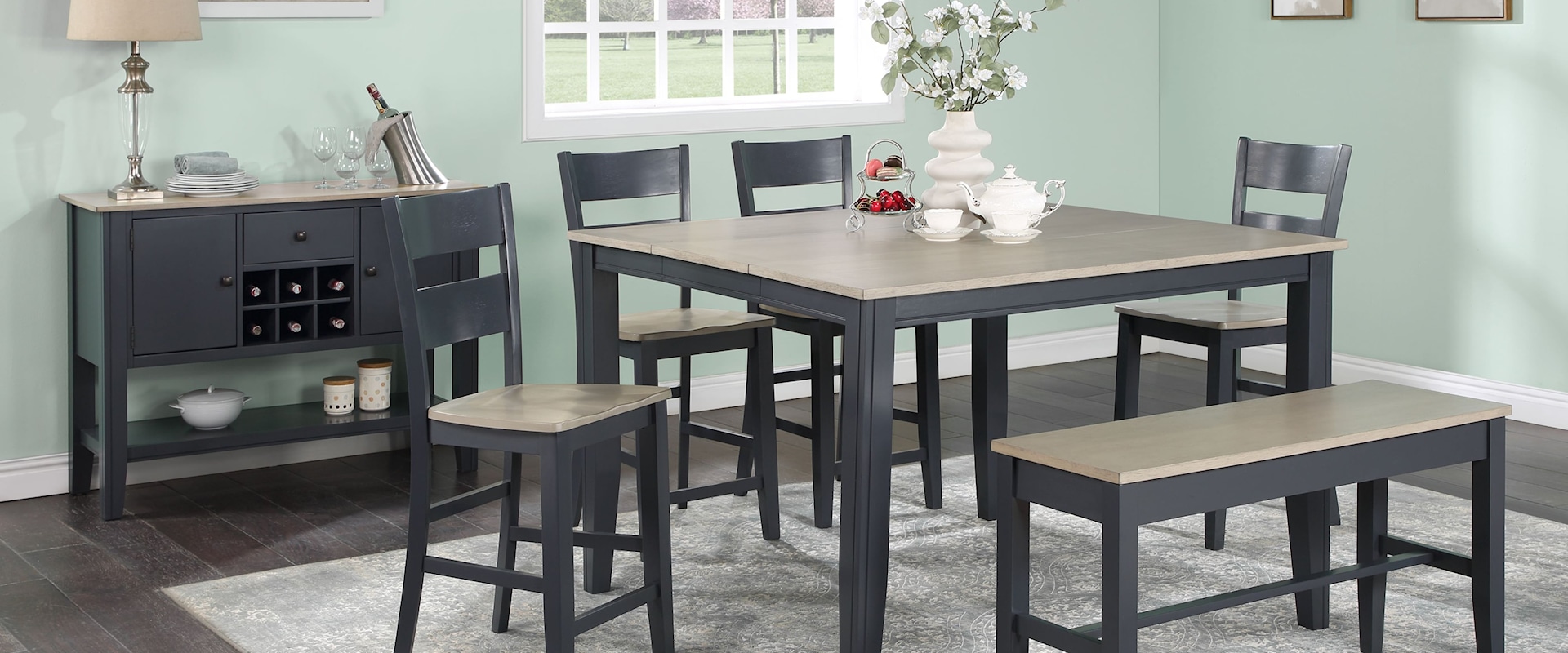 Casual 6-Piece Dining Set with Bench and Sideboard