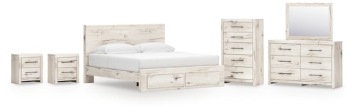 King Panel Storage Bed, Dresser, Mirror, Chest And 2 Nightstands