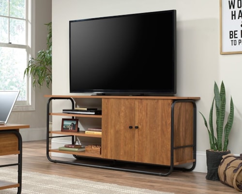 Farmhouse Two-Door TV Credenza with Open Shelf Storage