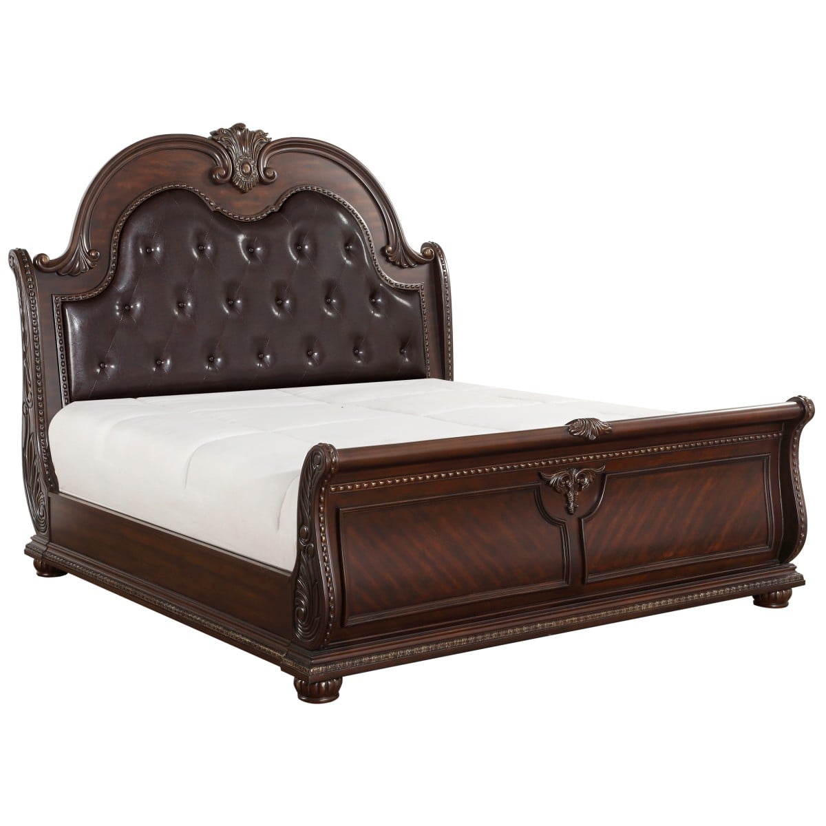 Traditional Eastern King Upholstered Sleigh Bed with Ornate Detailing