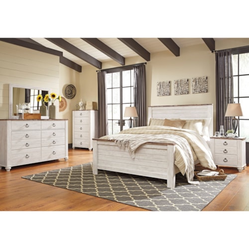 Queen Panel Bed, Dresser, Mirror, and Nightstand