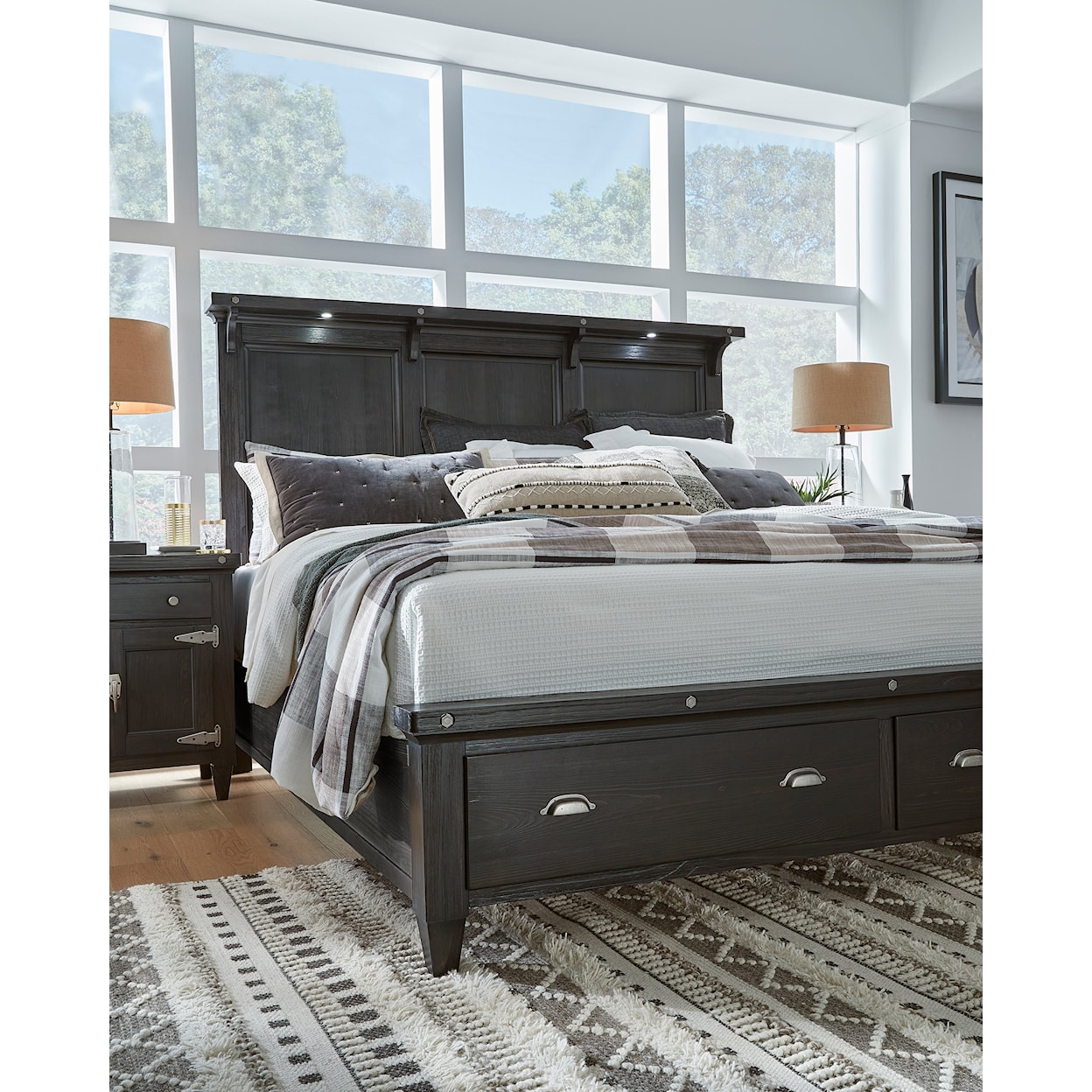 Magnussen Home Sierra Bedroom Queen Lighted Panel Storage Bed