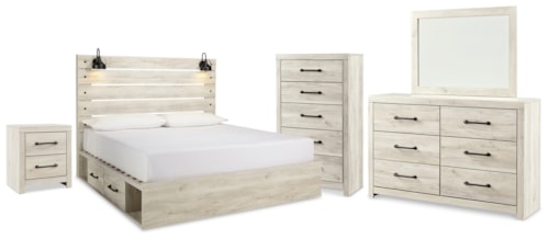 King Panel Storage Bed, Dresser, Mirror, Chest And Nightstand