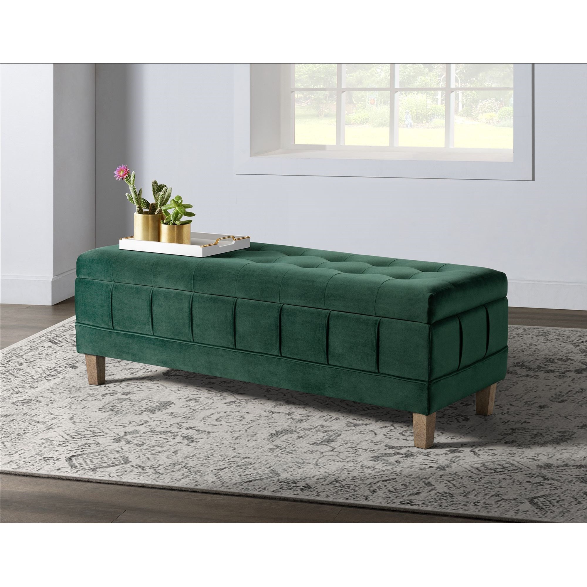 Elements International Ottomans BING GREEN VELVET STORAGE BENCH |