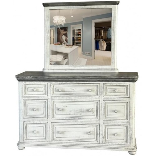 Farmhouse 9-Drawer Dresser and Mirror Set with Two-Tone Finish