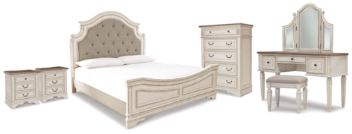 King Panel Bed, Vanity, Chest And 2 Nightstands
