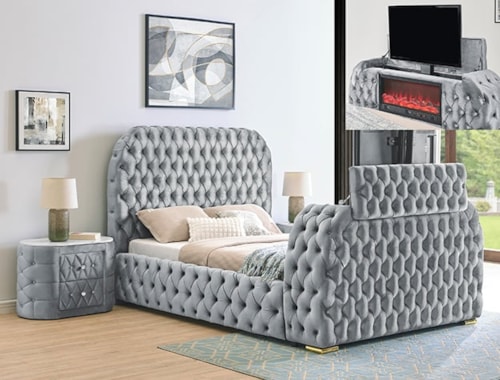 Glam Tufted Queen Bed with Fireplace Footboard