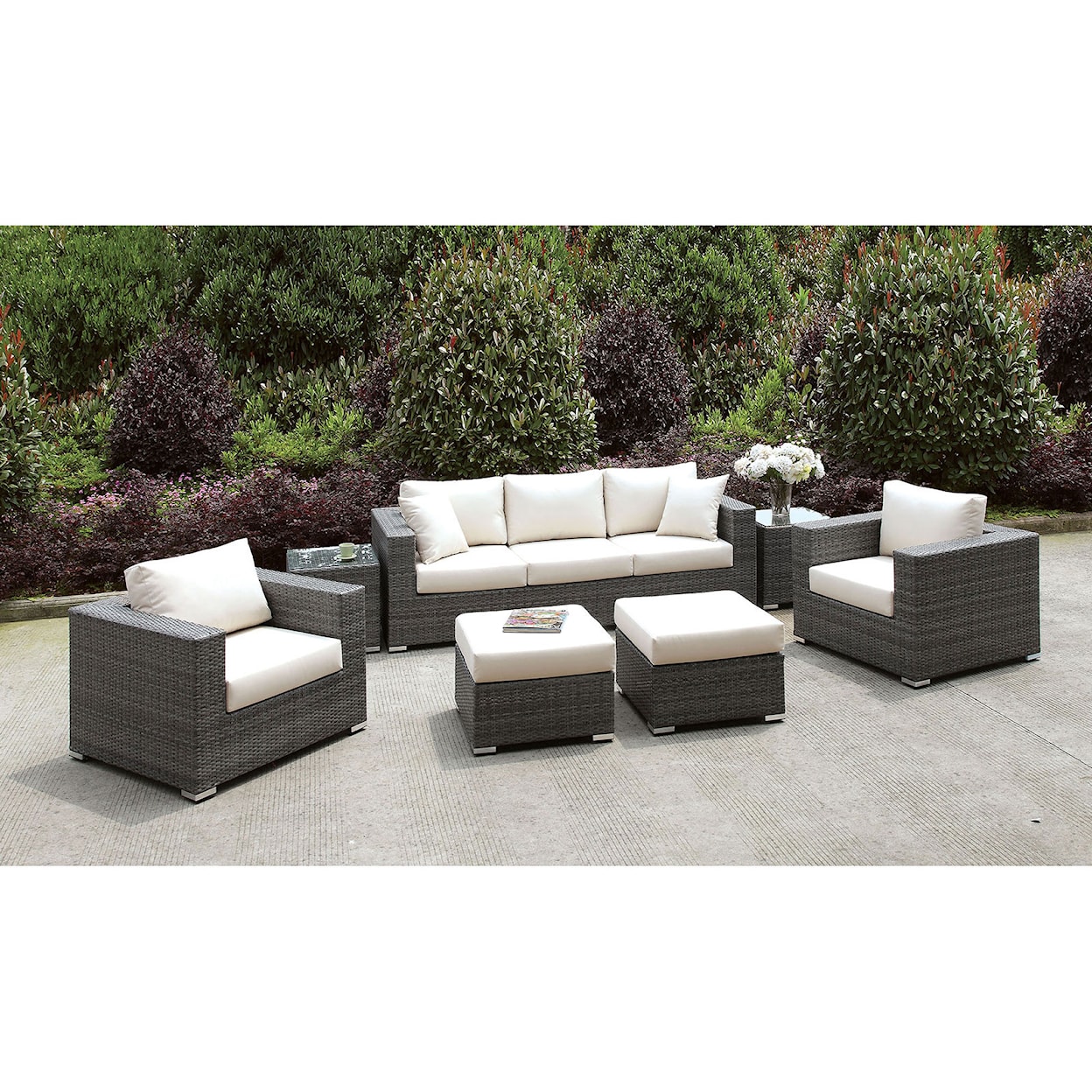 Furniture of America Somani Sofa+2 Chairs+2 End Tables+2 Small Ottomans