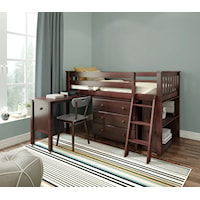 Windsor Twin Low Loft Bed Set w/ 3 Drawer Dresser, 2 Shelf Bookcase, Pull out Desk in Espresso