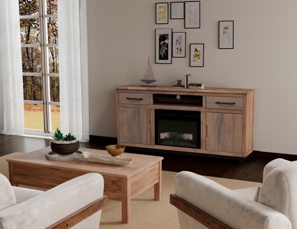 International Furniture Direct Natural Parota Electric Fireplace Console