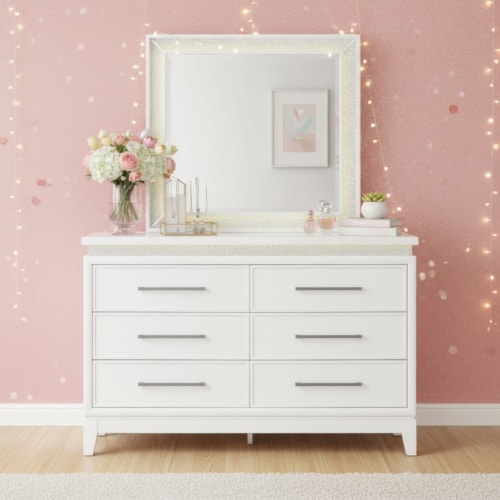 Glam Six-Drawer Dresser & Mirror Set with LED Lighting & Rhinestone Accenting